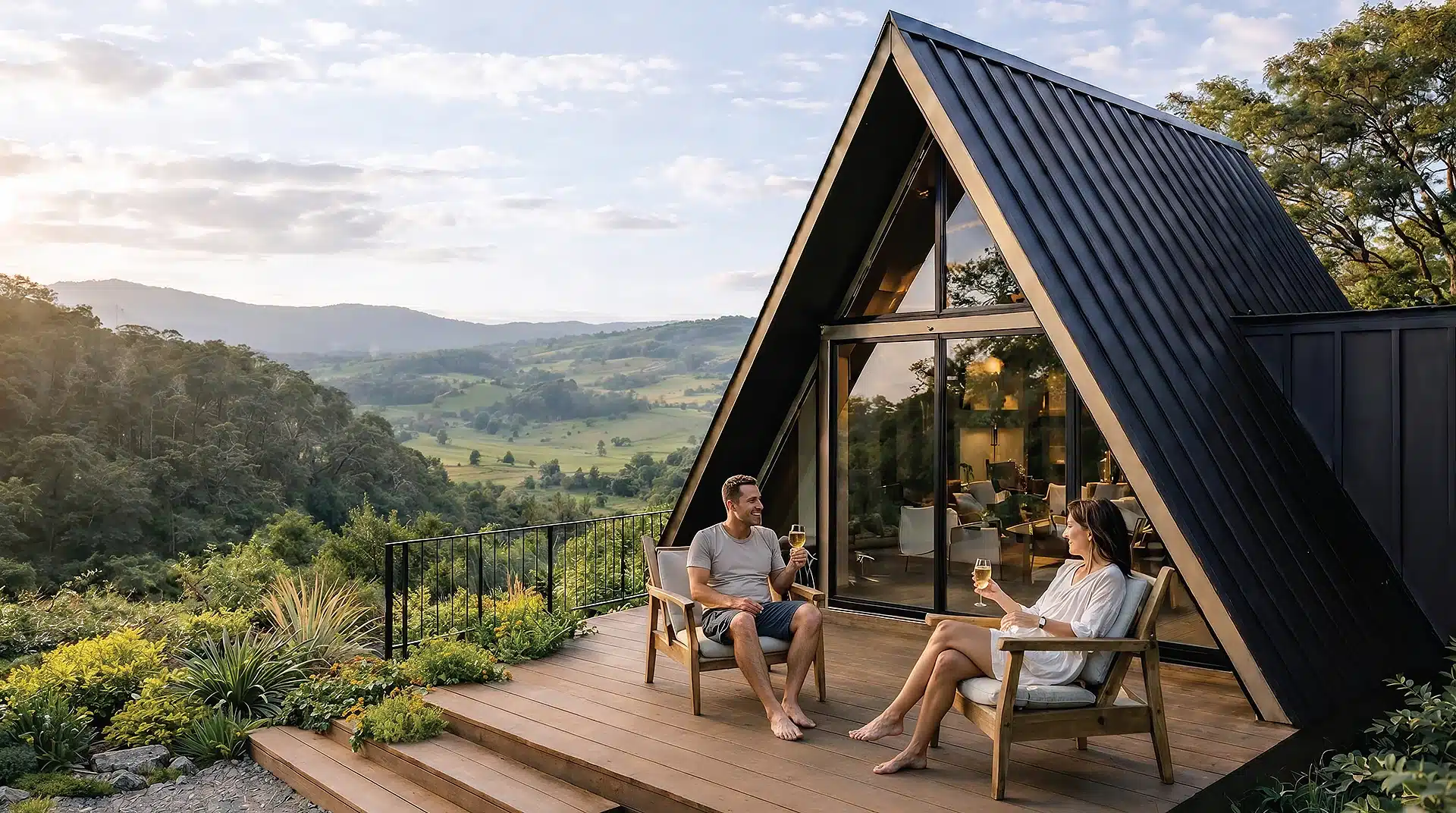Casal em frente a um chalé construído em uma das chácaras