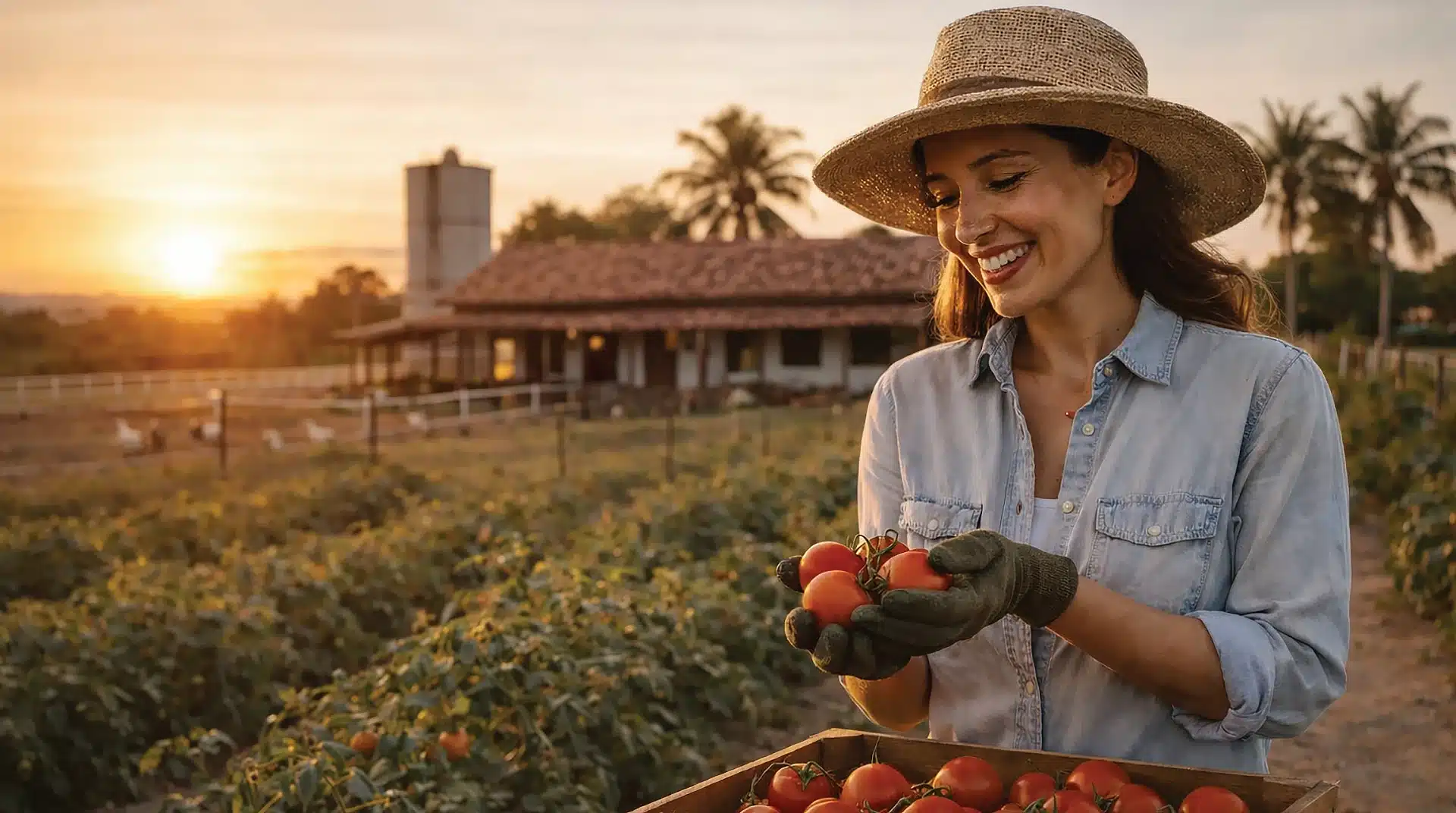Mulher colhendo tomates em uma das Fazendas Altavista