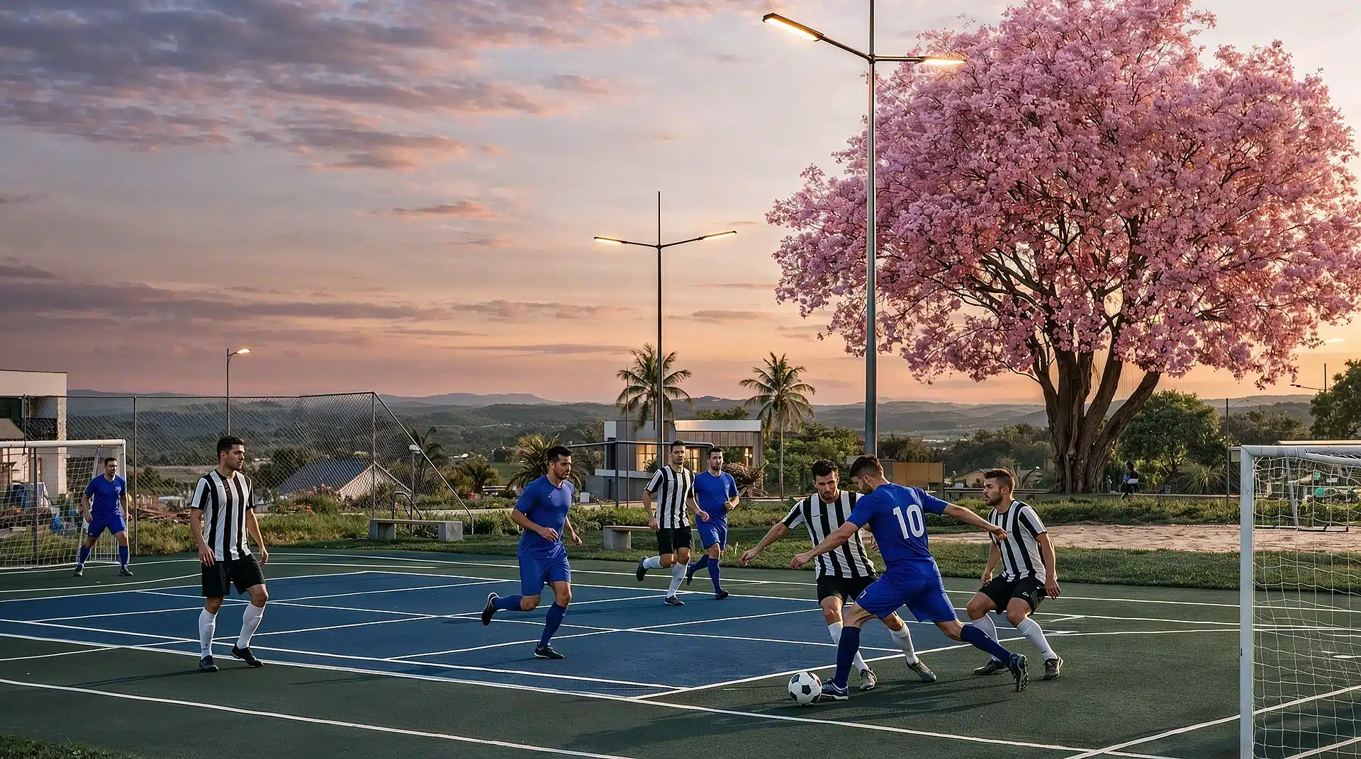 Partida de futebol na quadra rígida do Condomínio de Chácaras Altavista