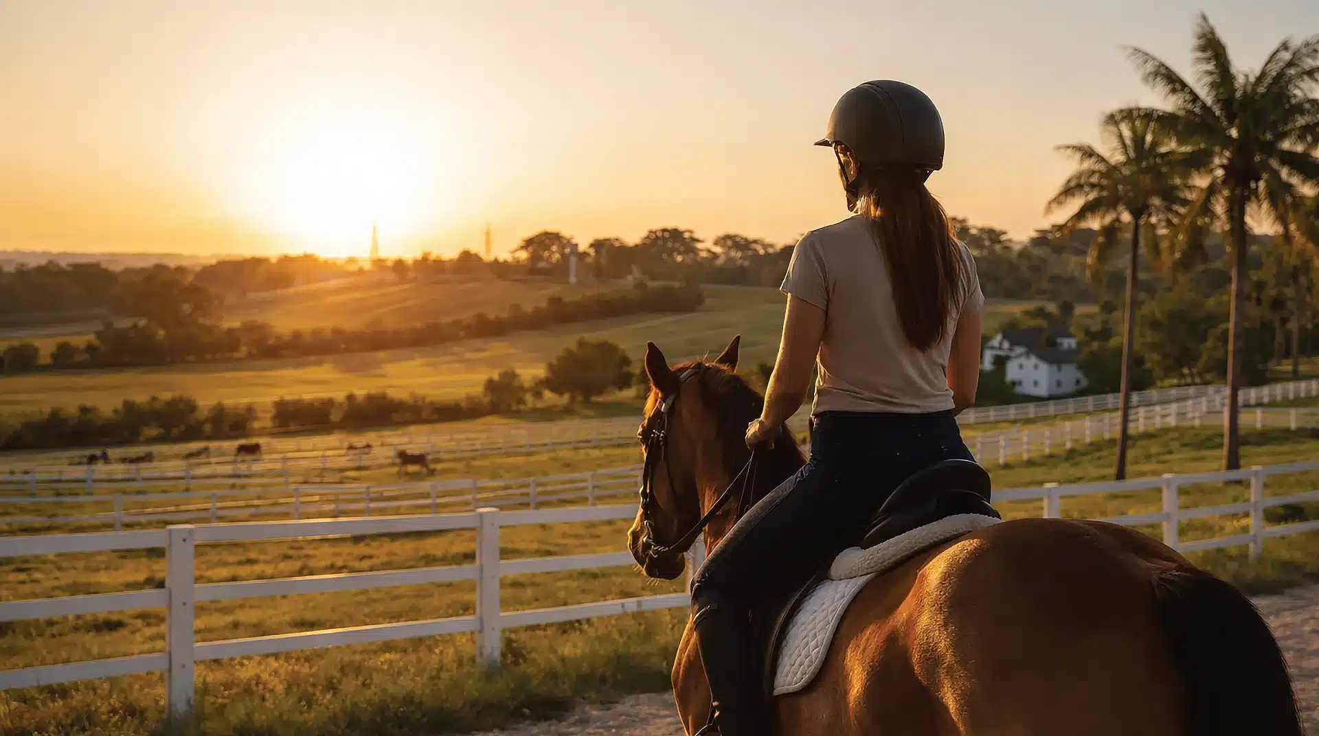 Mulher montada a cavalo olhando o horizonte nas Fazendas Altavista