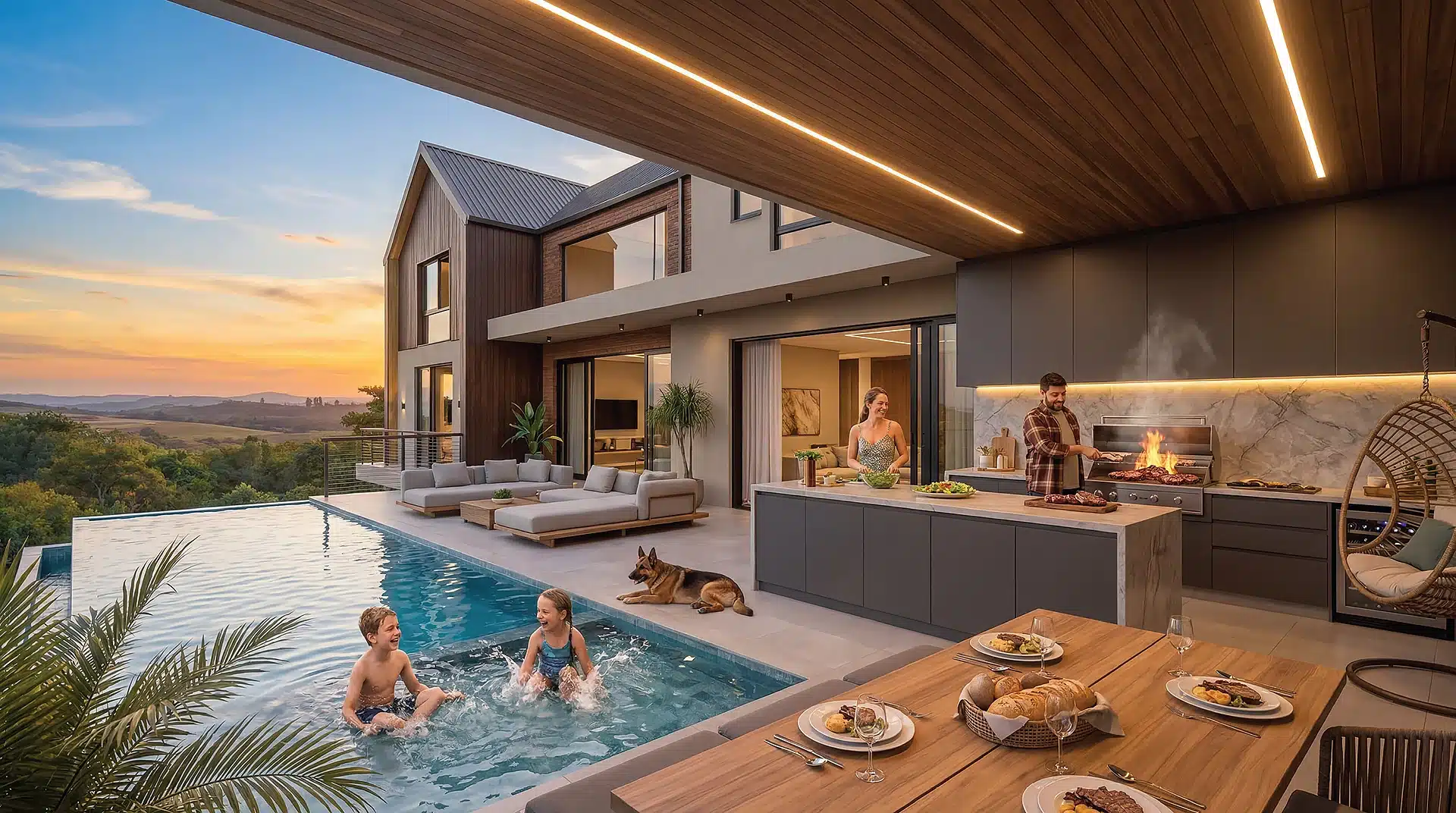 Família e crianças na piscina de uma casa moderna nas chácaras
