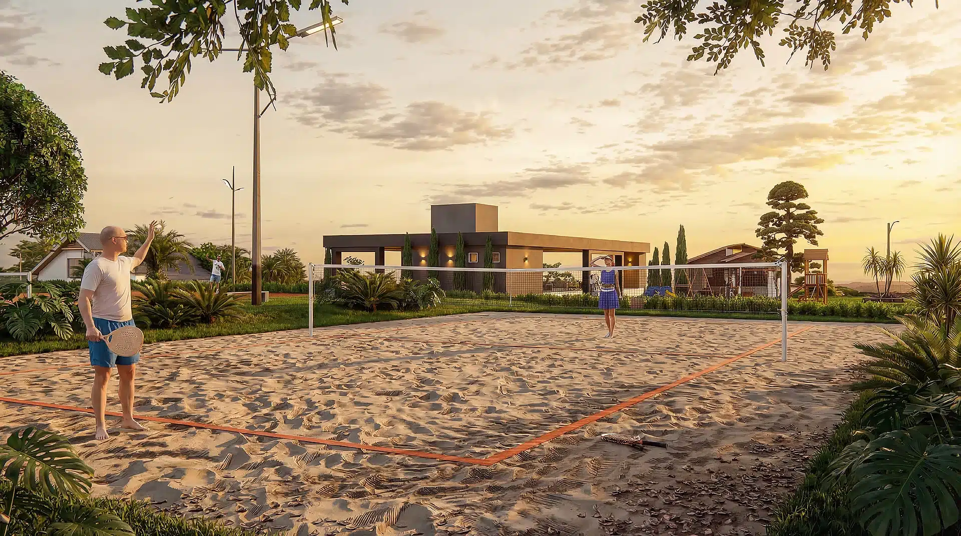Casal jogando beach tennis na quadra de areia do Condomínio de Chácaras Altavista