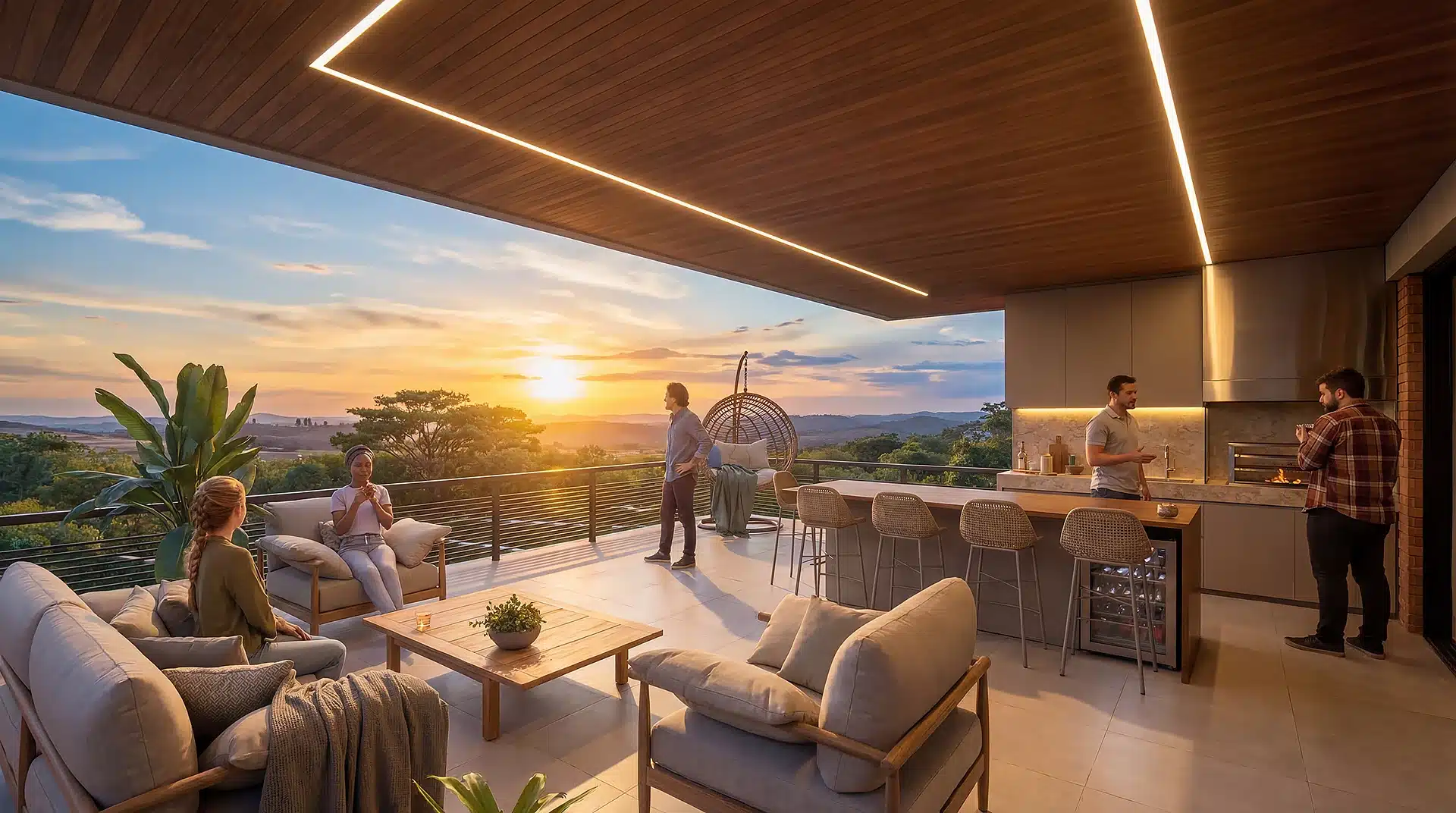 Área gourmet de uma casa em uma das chácaras ao pôr do sol