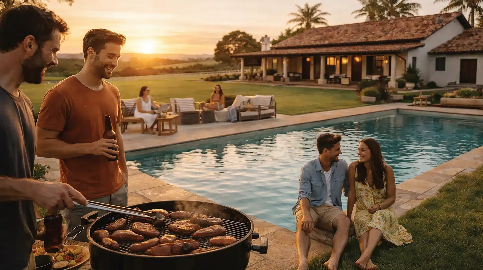 Amigos em um churrasco à beira da piscina em uma das Fazendas Altavista