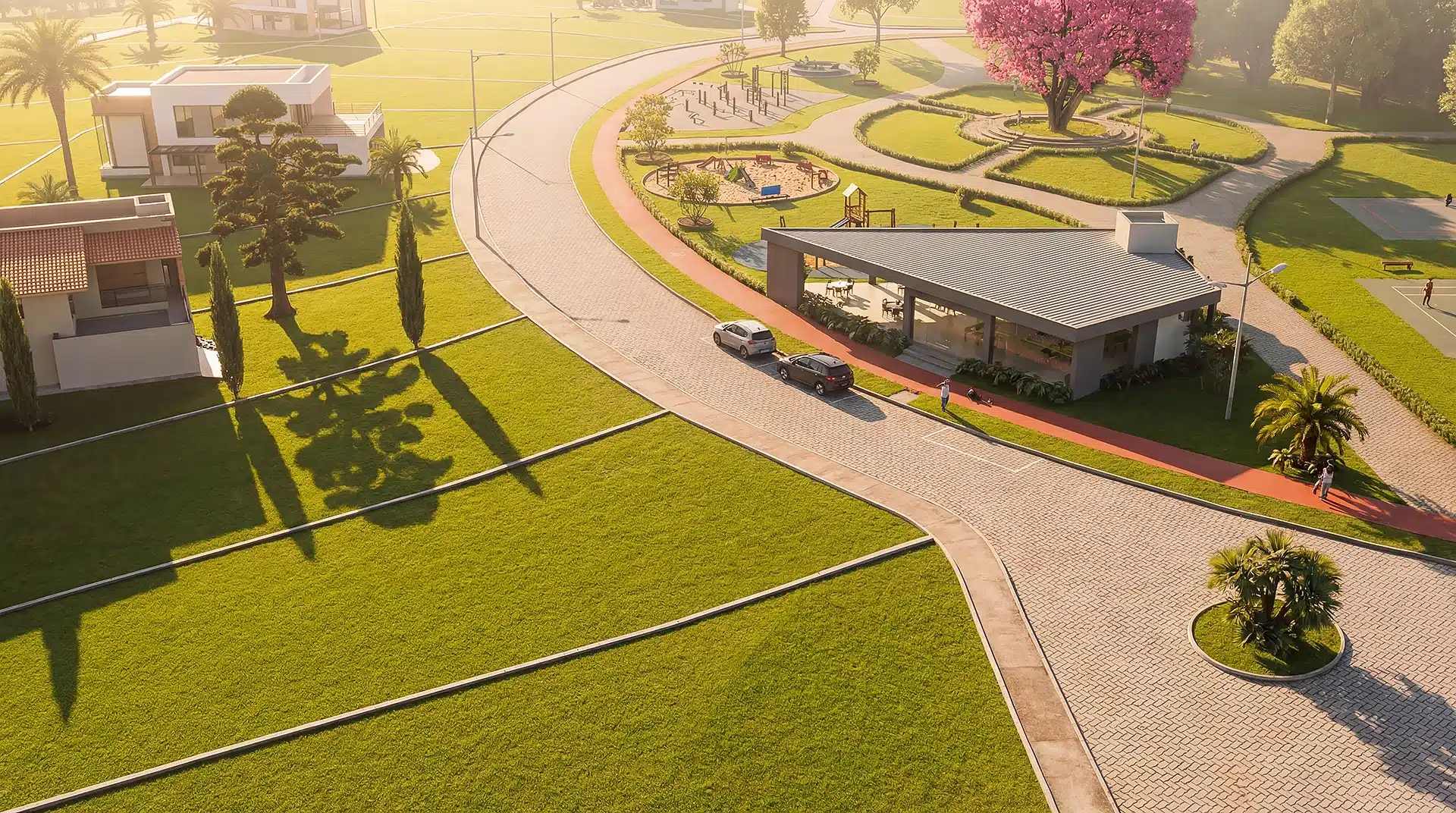 Plano aéreo da área gourmet e da praça da paineira do Condomínio Chácaras Altavista